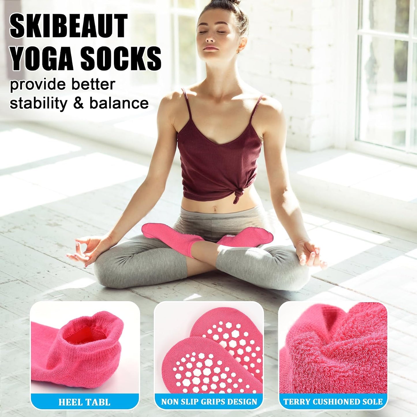 Grips Non Slip Socks for Women, 4 Pairs Yoga Pilates Anti Skid Woman Hospital Gripper Socks (5-12)