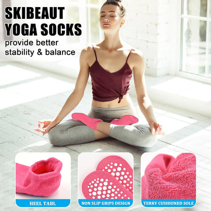 Grips Non Slip Socks for Women, 4 Pairs Yoga Pilates Anti Skid Woman Hospital Gripper Socks (5-12)