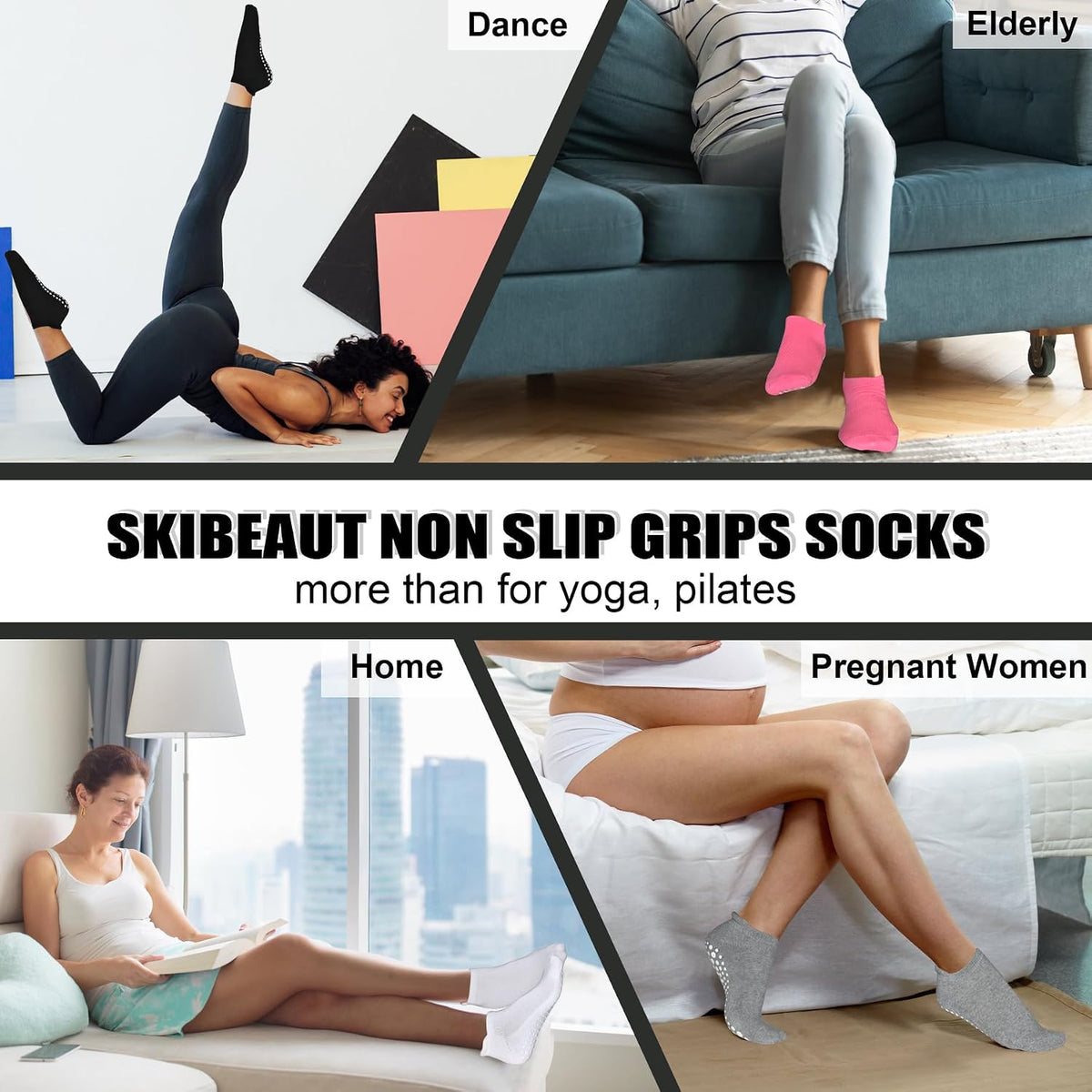 Grips Non Slip Socks for Women, 4 Pairs Yoga Pilates Anti Skid Woman Hospital Gripper Socks (5-12)