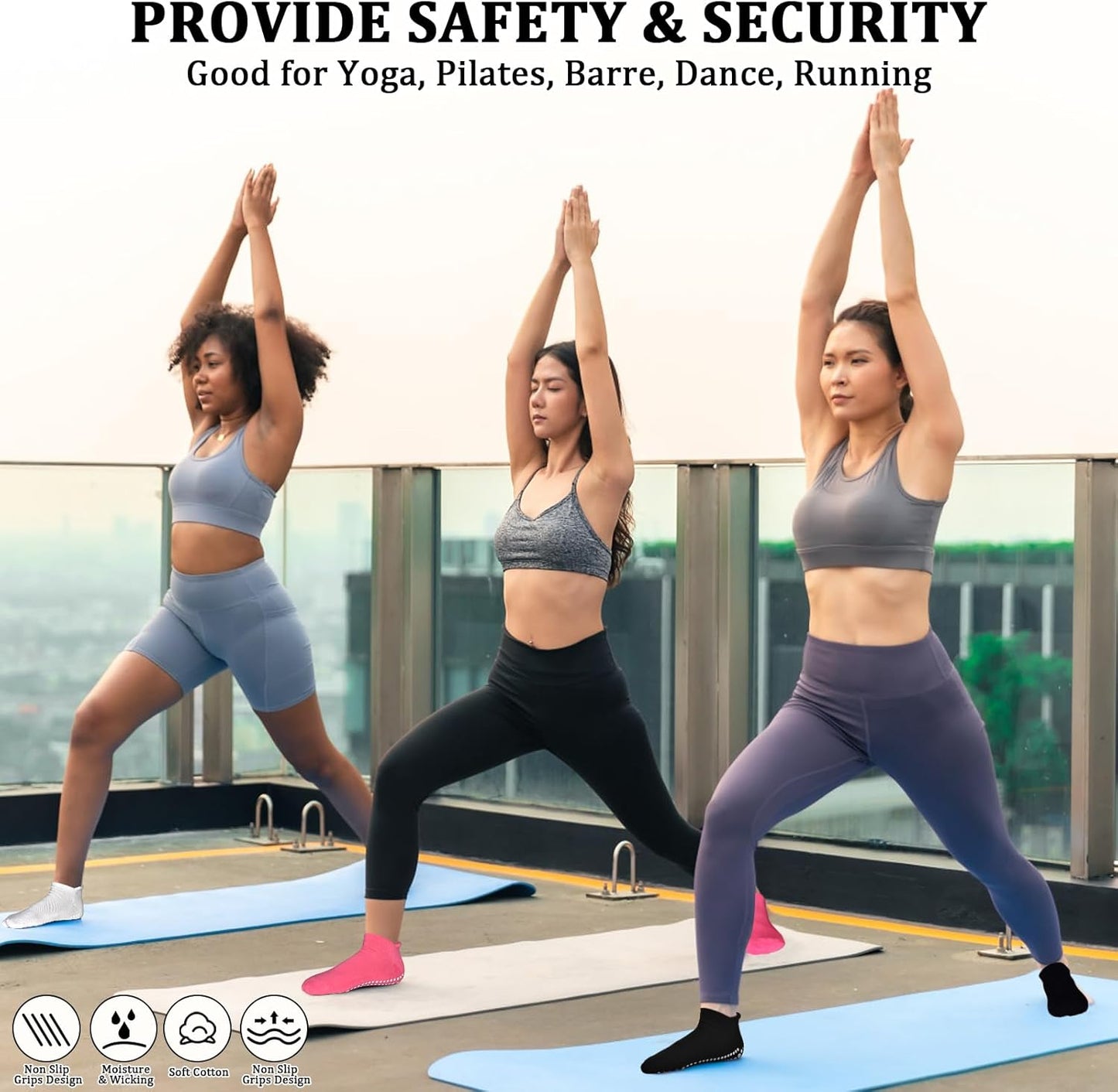 Grips Non Slip Socks for Women, 4 Pairs Yoga Pilates Anti Skid Woman Hospital Gripper Socks (5-12)