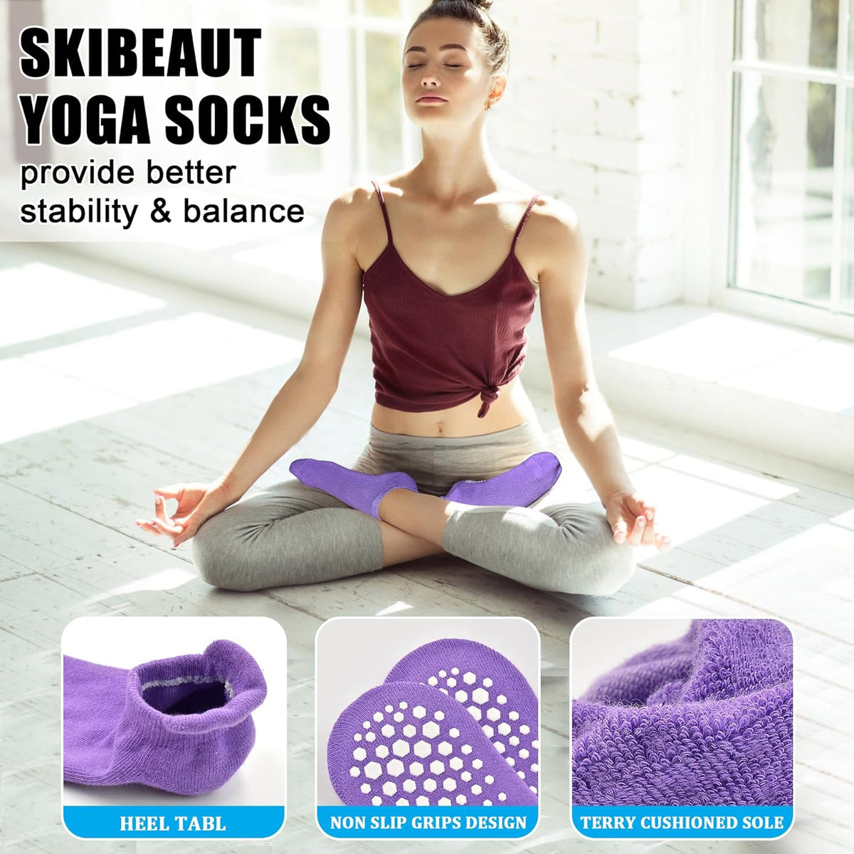Grips Non Slip Socks for Women, 4 Pairs Yoga Pilates Anti Skid Woman Hospital Gripper Socks (5-12)