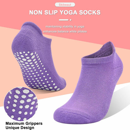 Grips Non Slip Socks for Women, 4 Pairs Yoga Pilates Anti Skid Woman Hospital Gripper Socks (5-12)