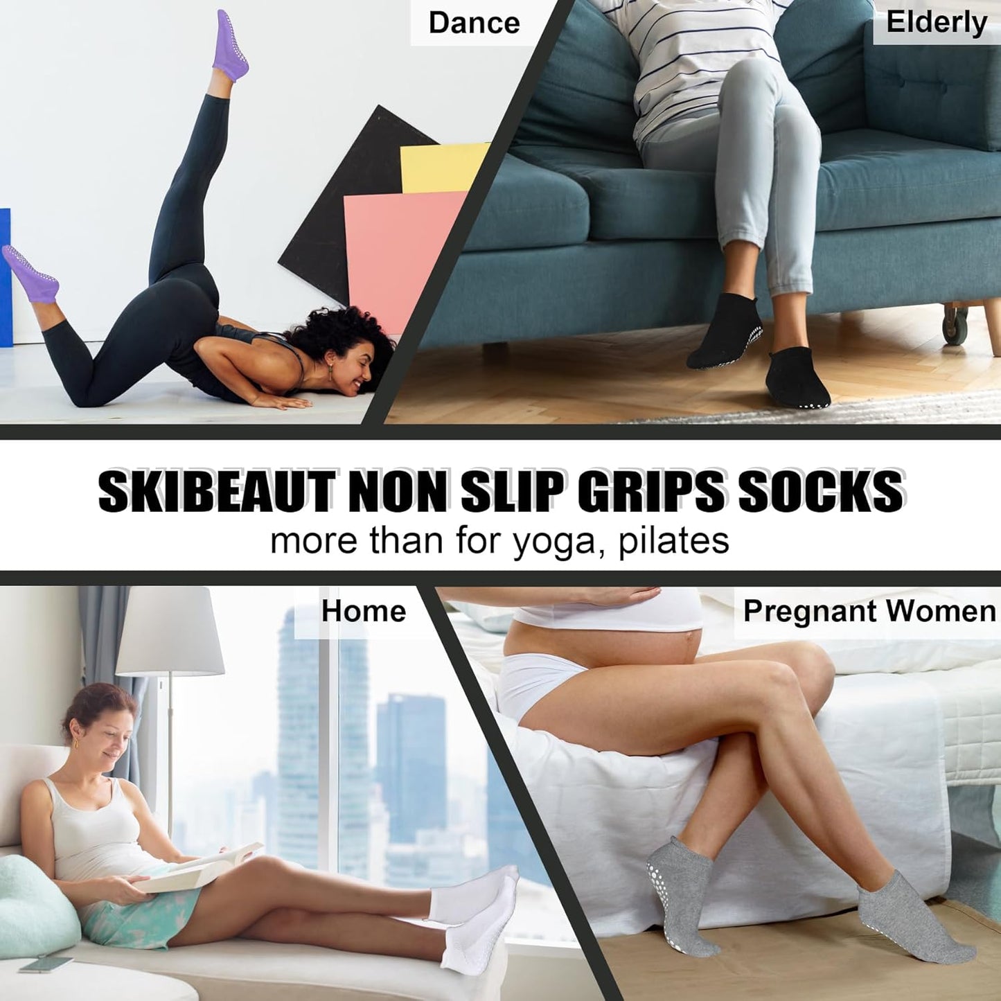 Grips Non Slip Socks for Women, 4 Pairs Yoga Pilates Anti Skid Woman Hospital Gripper Socks (5-12)
