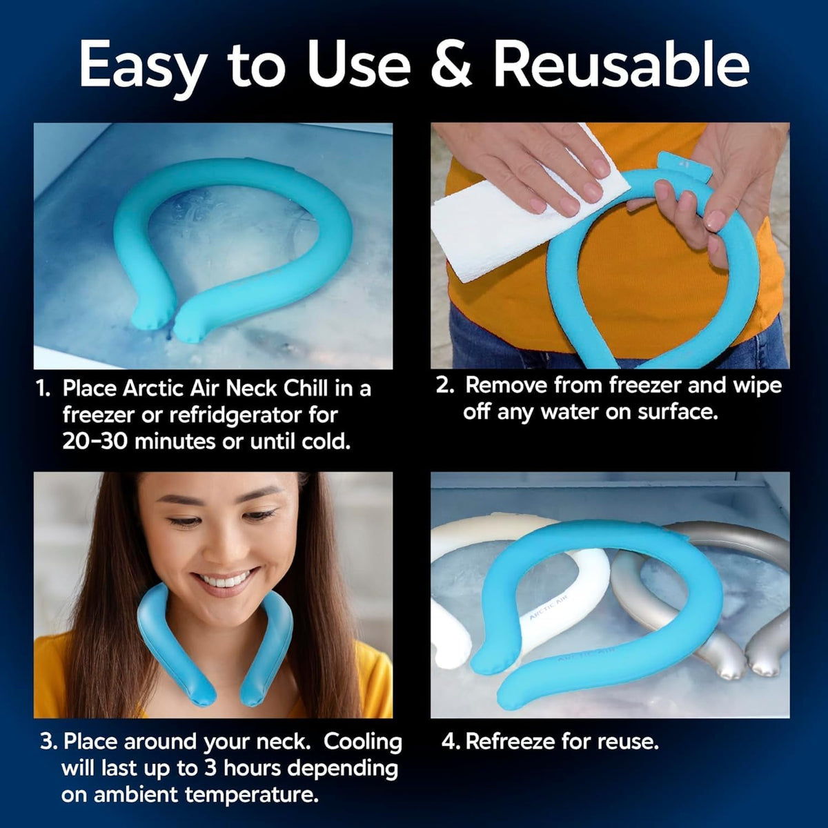 Neck Chill Cooling Tube, Wearable Neck Cooler, 3 Pack |Quick Freeze Gel, No Batteries or Charging | Hands Free Body Cooler for Hot Weather | Reusable, Adjustable Fit