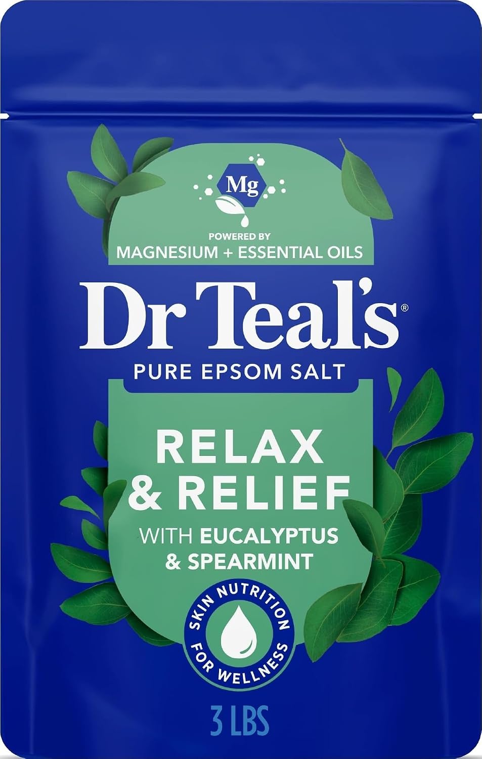 Epsom Salt Magnesium Soak, Relax & Relief with Eucalyptus & Spearmint Essential Oils, 3 lbs