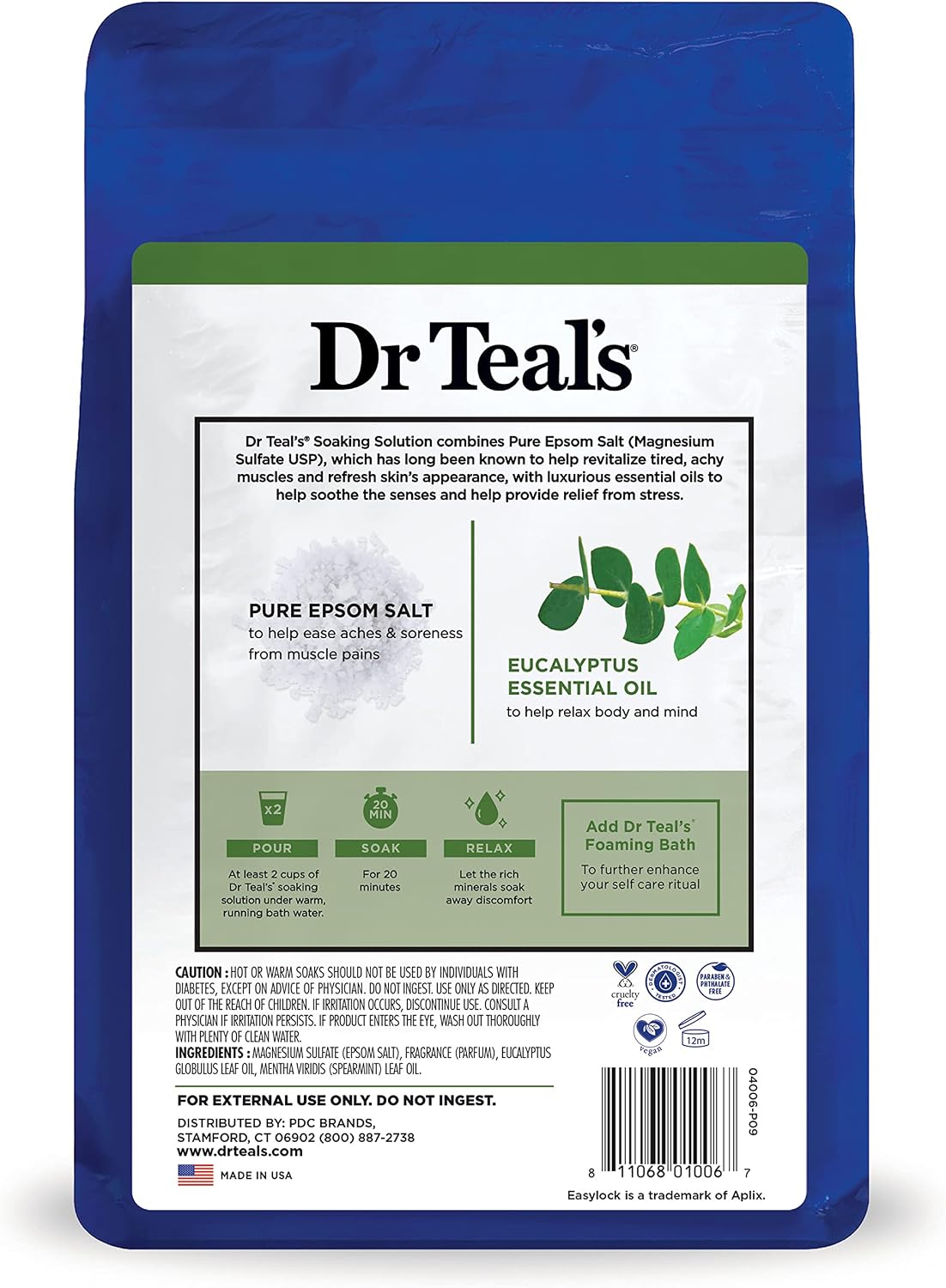 Epsom Salt Magnesium Soak, Relax & Relief with Eucalyptus & Spearmint Essential Oils, 3 lbs