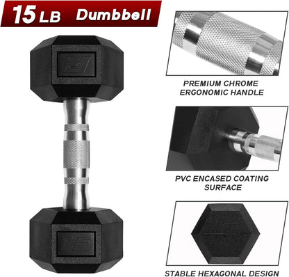 RitFit 5-650 LBS PVC Hex Dumbbell Sets with Optional Rack for Home Gym | PVC Coated Anti-Roll Hex Design, Chrome Handle with Ergonomic Grip, Full Body Strength Training with Optional Rack