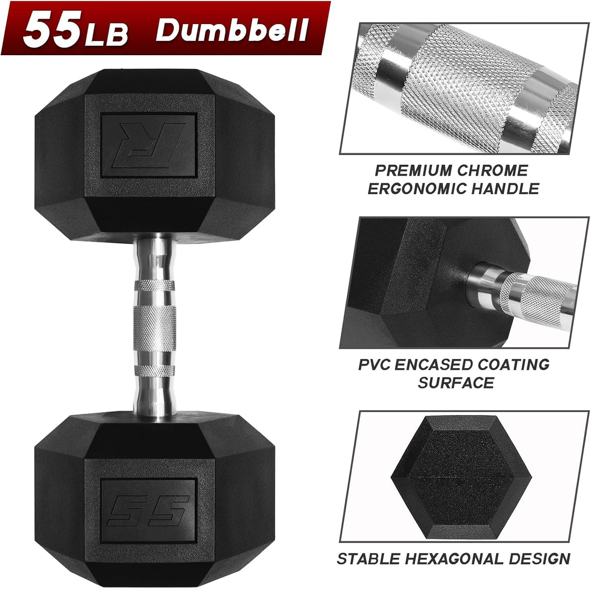 RitFit 5-650 LBS PVC Hex Dumbbell Sets with Optional Rack for Home Gym | PVC Coated Anti-Roll Hex Design, Chrome Handle with Ergonomic Grip, Full Body Strength Training with Optional Rack