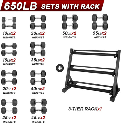 RitFit 5-650 LBS PVC Hex Dumbbell Sets with Optional Rack for Home Gym | PVC Coated Anti-Roll Hex Design, Chrome Handle with Ergonomic Grip, Full Body Strength Training with Optional Rack