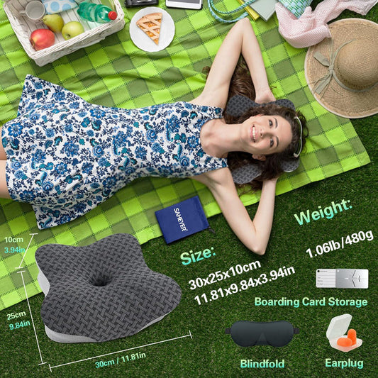 Travel Pillow for Sleeping, Ergonomic Cervical Neck Support Pillows, Lightweight Memory Foam Travel Pillow for Camping, Backpacking, Hammock - with Travel Storage Bag and Cooling Cover, Black