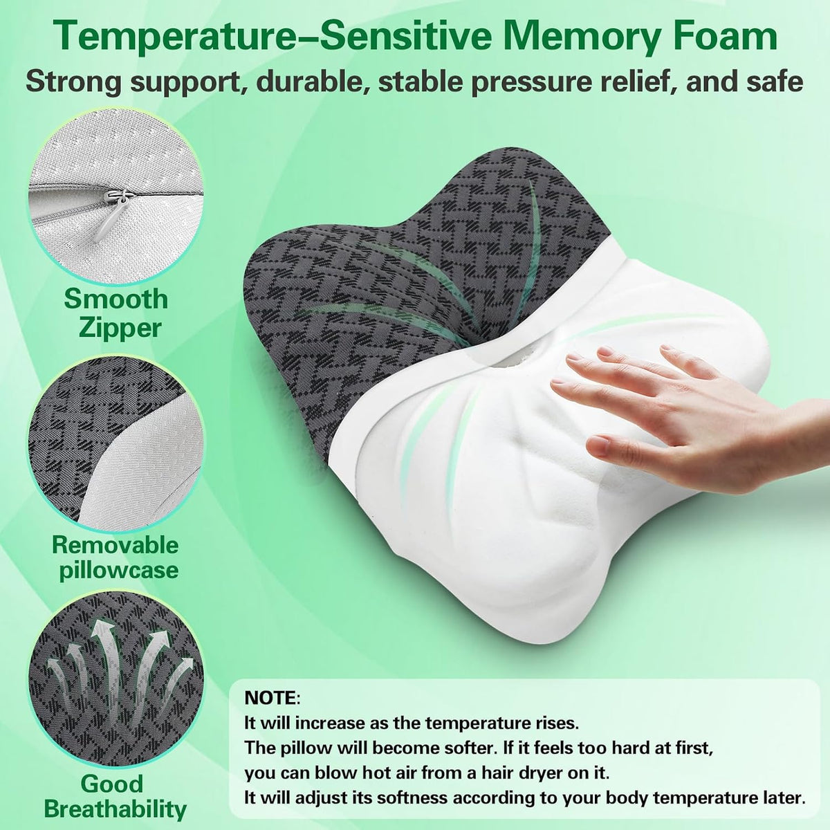 Travel Pillow for Sleeping, Ergonomic Cervical Neck Support Pillows, Lightweight Memory Foam Travel Pillow for Camping, Backpacking, Hammock - with Travel Storage Bag and Cooling Cover, Black