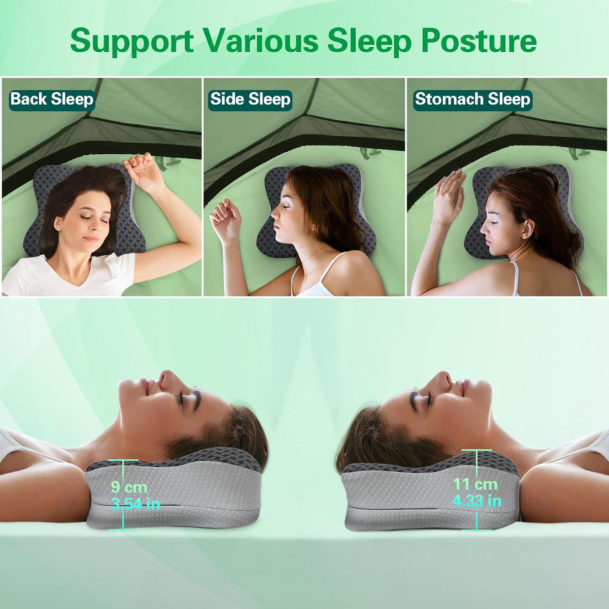 Travel Pillow for Sleeping, Ergonomic Cervical Neck Support Pillows, Lightweight Memory Foam Travel Pillow for Camping, Backpacking, Hammock - with Travel Storage Bag and Cooling Cover, Black