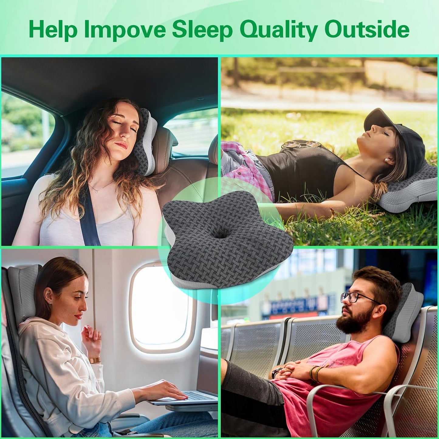 Travel Pillow for Sleeping, Ergonomic Cervical Neck Support Pillows, Lightweight Memory Foam Travel Pillow for Camping, Backpacking, Hammock - with Travel Storage Bag and Cooling Cover, Black