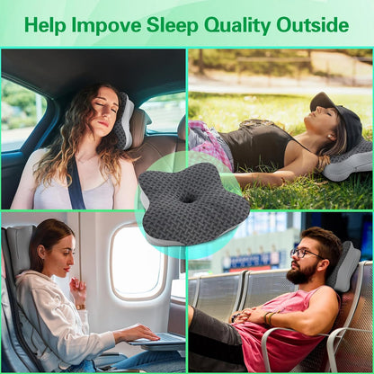 Travel Pillow for Sleeping, Ergonomic Cervical Neck Support Pillows, Lightweight Memory Foam Travel Pillow for Camping, Backpacking, Hammock - with Travel Storage Bag and Cooling Cover, Black