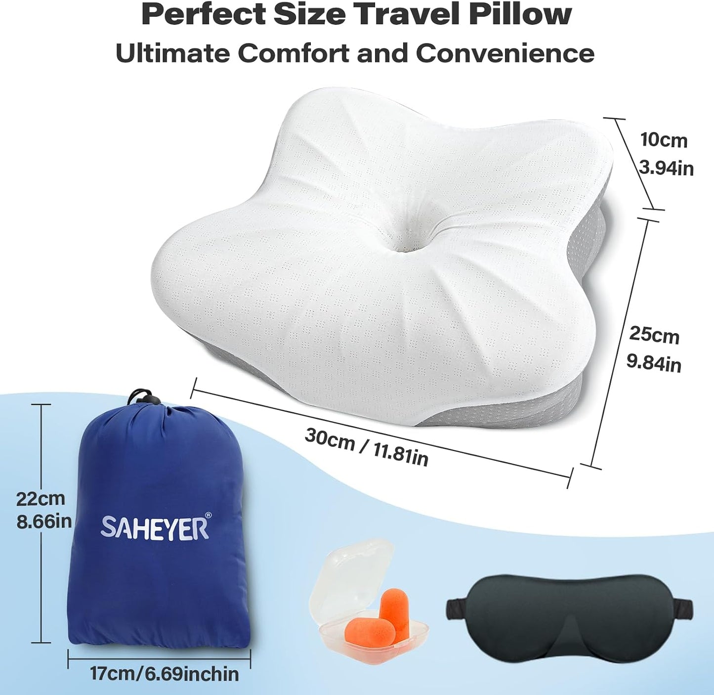 Travel Pillow for Sleeping, Ergonomic Cervical Neck Support Pillows, Lightweight Memory Foam Travel Pillow for Camping, Backpacking, Hammock - with Travel Storage Bag and Cooling Cover, Black