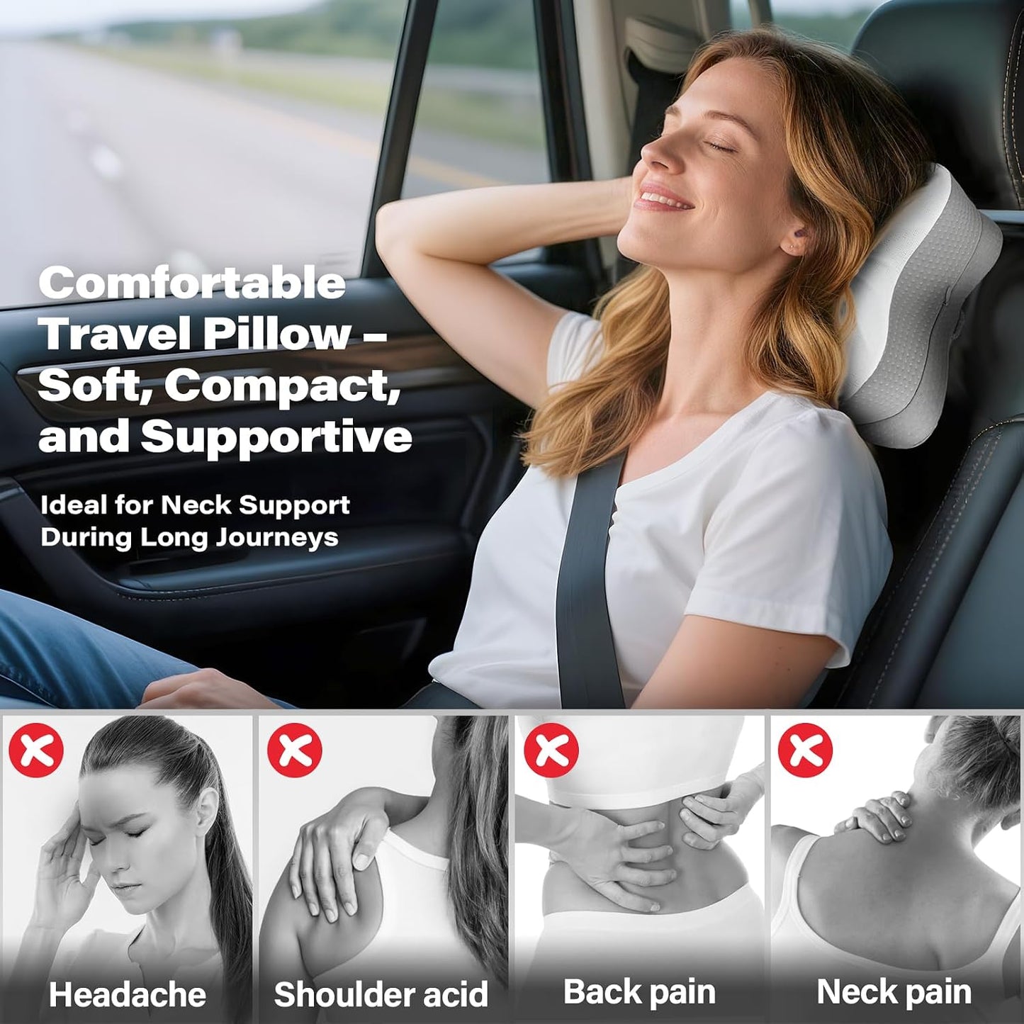 Travel Pillow for Sleeping, Ergonomic Cervical Neck Support Pillows, Lightweight Memory Foam Travel Pillow for Camping, Backpacking, Hammock - with Travel Storage Bag and Cooling Cover, Black