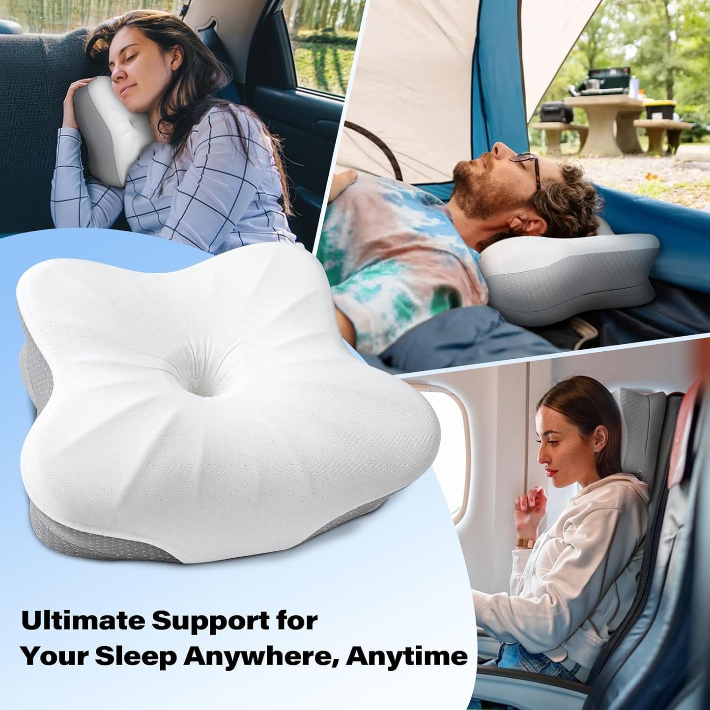 Travel Pillow for Sleeping, Ergonomic Cervical Neck Support Pillows, Lightweight Memory Foam Travel Pillow for Camping, Backpacking, Hammock - with Travel Storage Bag and Cooling Cover, Black
