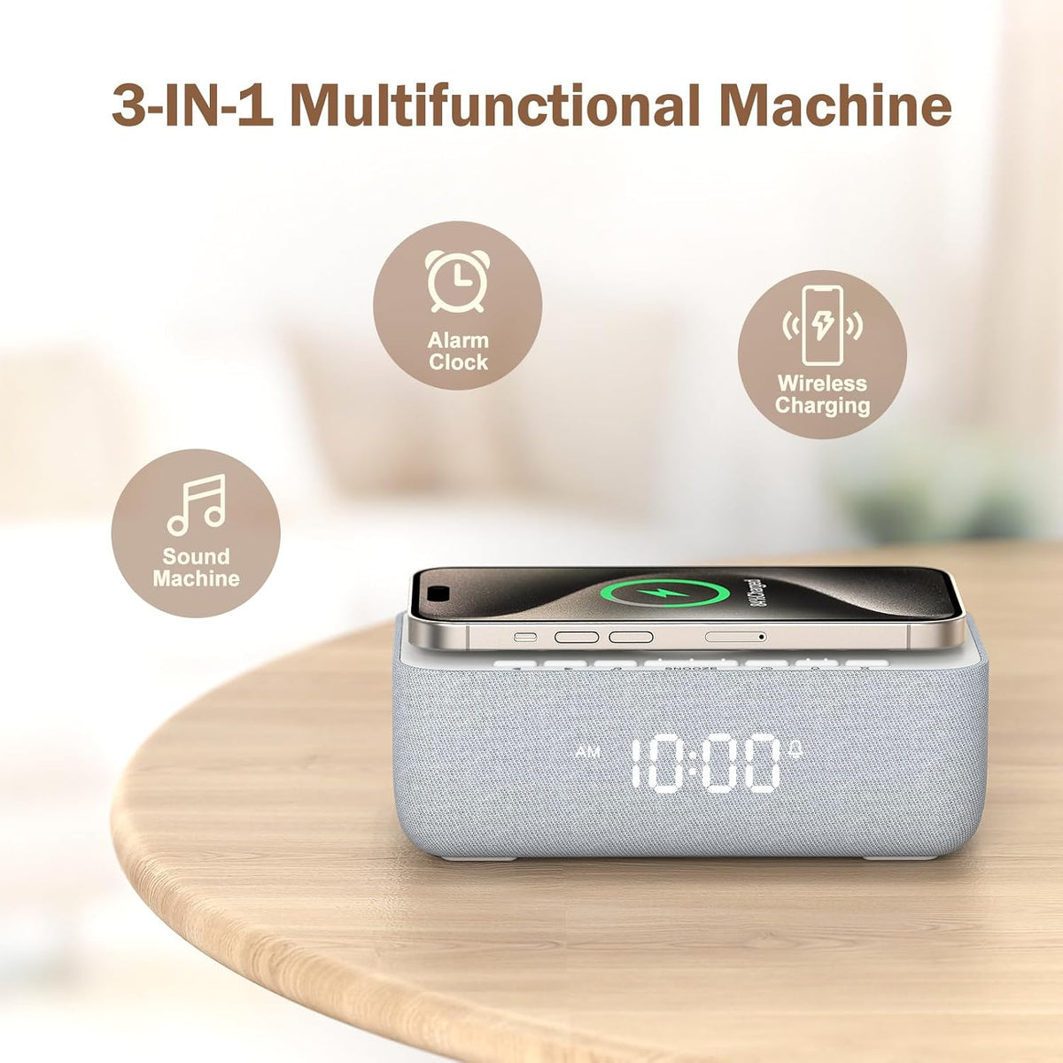 15W Magnetic Wireless Charging Alarm Clock with White Noise Machine