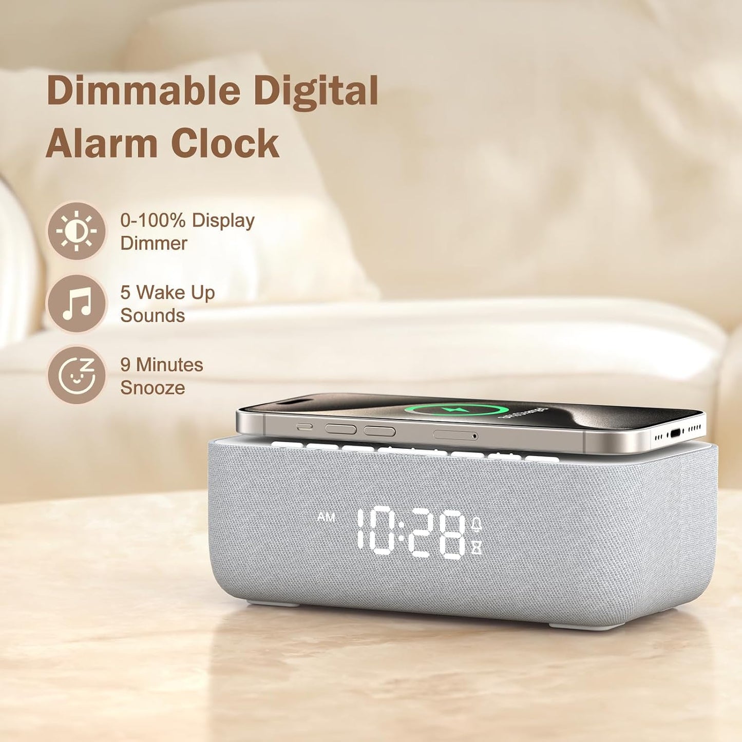 15W Magnetic Wireless Charging Alarm Clock with White Noise Machine