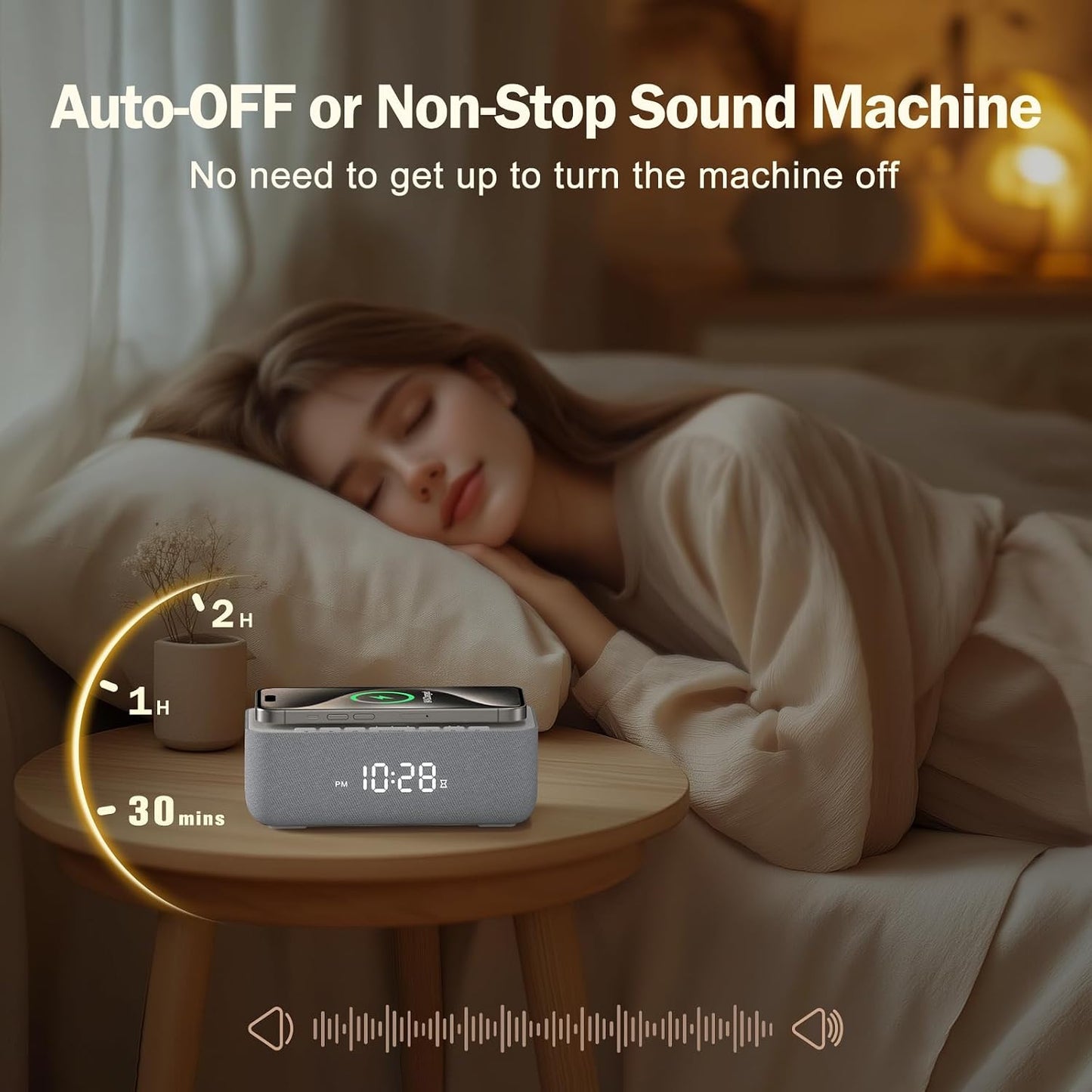 15W Magnetic Wireless Charging Alarm Clock with White Noise Machine
