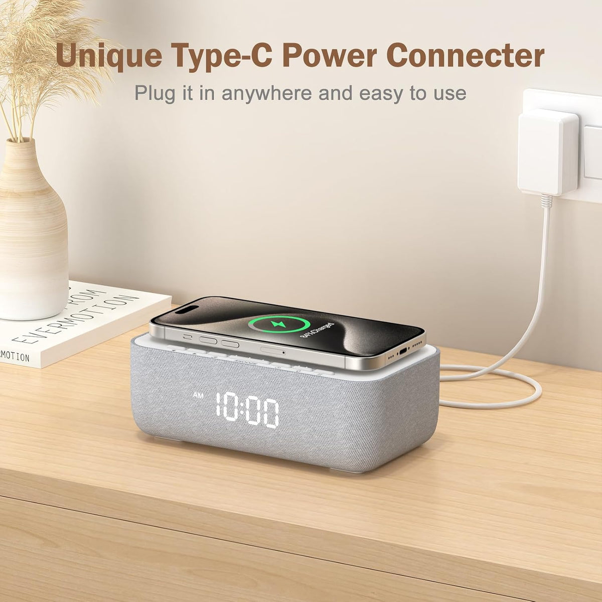 15W Magnetic Wireless Charging Alarm Clock with White Noise Machine