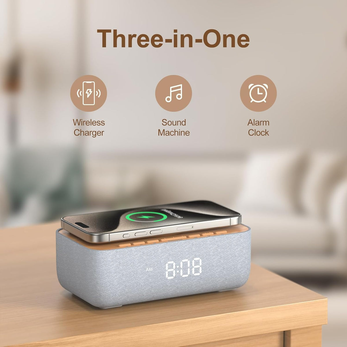 15W Magnetic Wireless Charging Alarm Clock with White Noise Machine