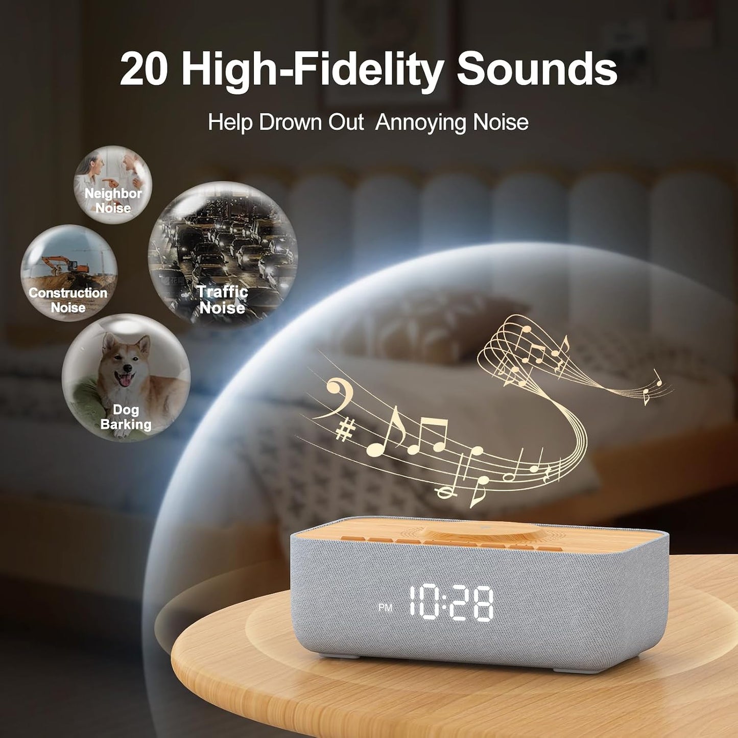 15W Magnetic Wireless Charging Alarm Clock with White Noise Machine