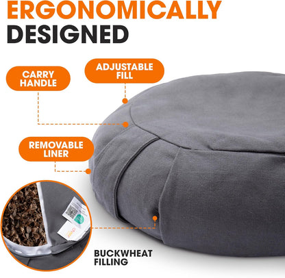 Meditation Cushion - Ergonomic Floor Pillow, Yoga Pillow with Buckwheat Filling, Zafu Meditation Cushion, Comfort & Meditation Posture Support