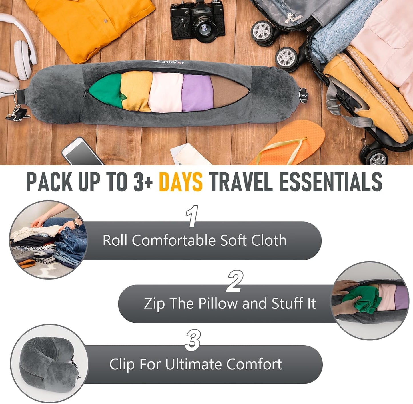 Travel Neck Pillow Stuffable with Clothes, Stuffable Travel Pillow
