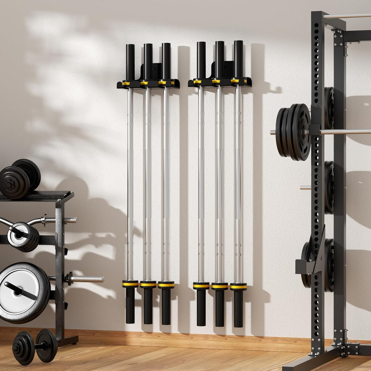 JNIHEEP Olympic Barbell Hanger,Garage Gym Bar Wall Rack,Vertical Barbell Mount Rack,Black Powder Coated,Space Saving Commercial or Home Gym Accessory,Holds Under 33mm Bar Size