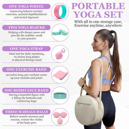 All in One Yoga Wheel Set, Soft Foam Roller Wheel for Back Pain & Stretching, Yoga Blocks 2 Pack with Strap, Trigger Point Therapy Massage Ball for Deep Tissue, Yoga Starter Kit for Beginner
