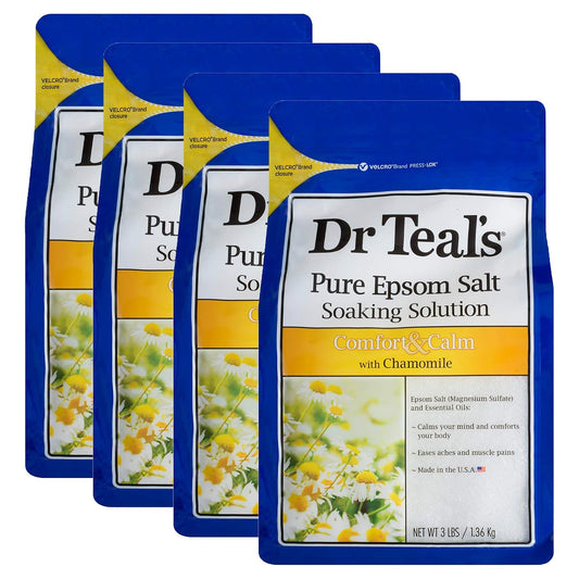 Comfort & Calm Bath Soak Gift Set (4 Pack, 3lbs Ea.) - Chamomile Essential Oils Blended with Pure Epsom Salt - Calm Your Mind & Body, Ease Aches & Pains - at Home Spa Kit