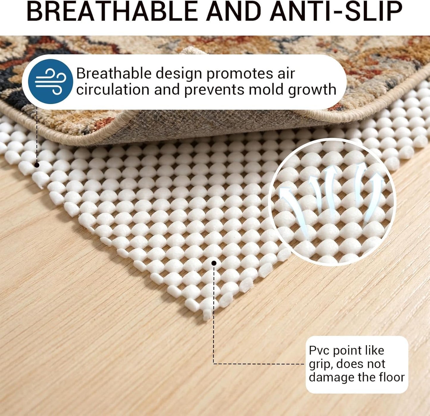 Non Slip Rug Pad Gripper for Hardwood Floors, 4x6 FT Anti Slide Rug Underlay, Eco Safe Odor Free, Cushioned Floor Protector, Cut-to-Size Multi-Purpose Pad