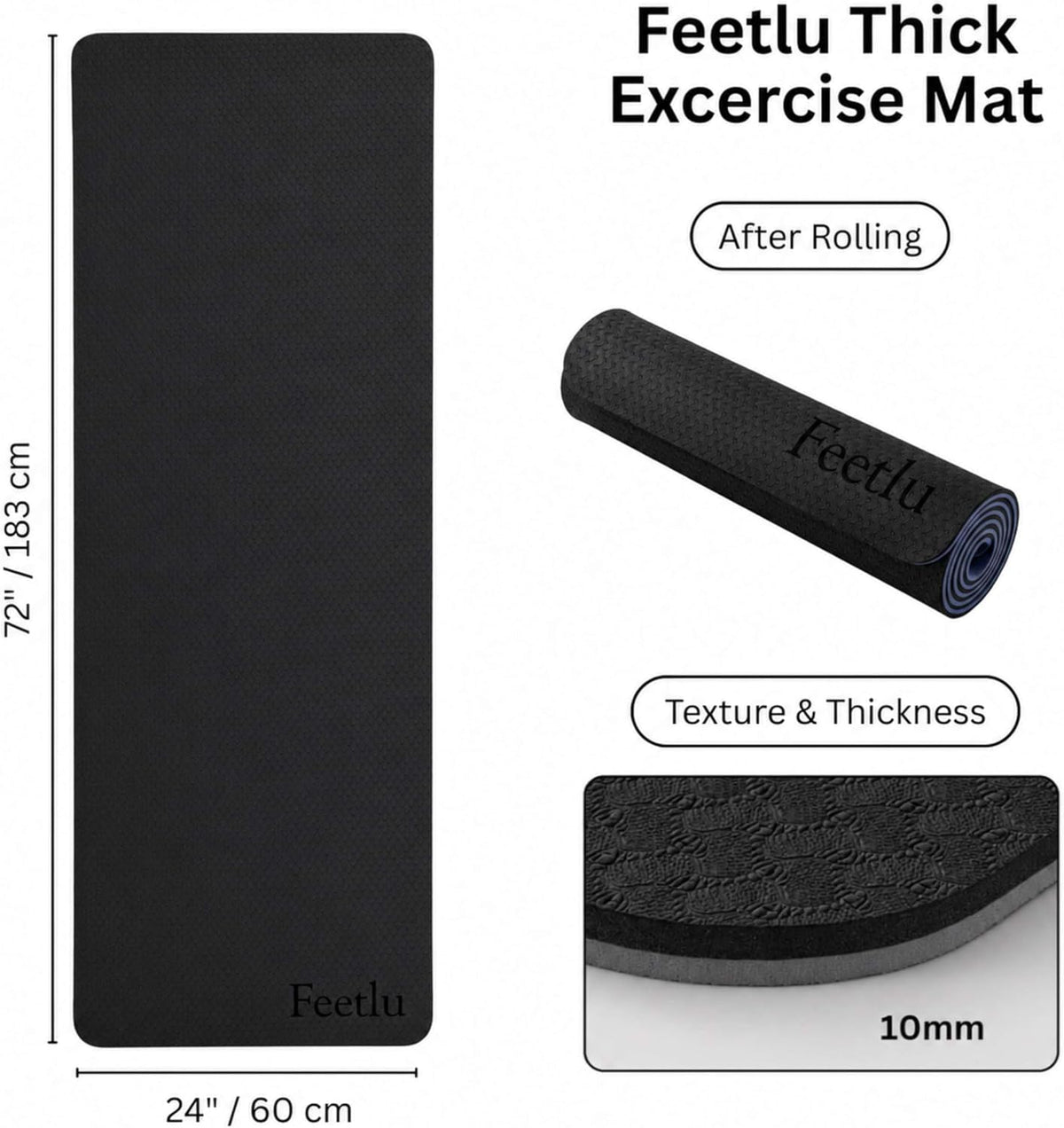 Extra Thick Yoga Mat with Carry Strap, 10mm Non-Slip Exercise Mat, 72 x 24 Inch Cushioned Workout Mat for Yoga, Pilates, Stretching & Floor Exercises