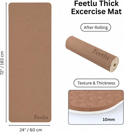 Extra Thick Yoga Mat with Carry Strap, 10mm Non-Slip Exercise Mat, 72 x 24 Inch Cushioned Workout Mat for Yoga, Pilates, Stretching & Floor Exercises