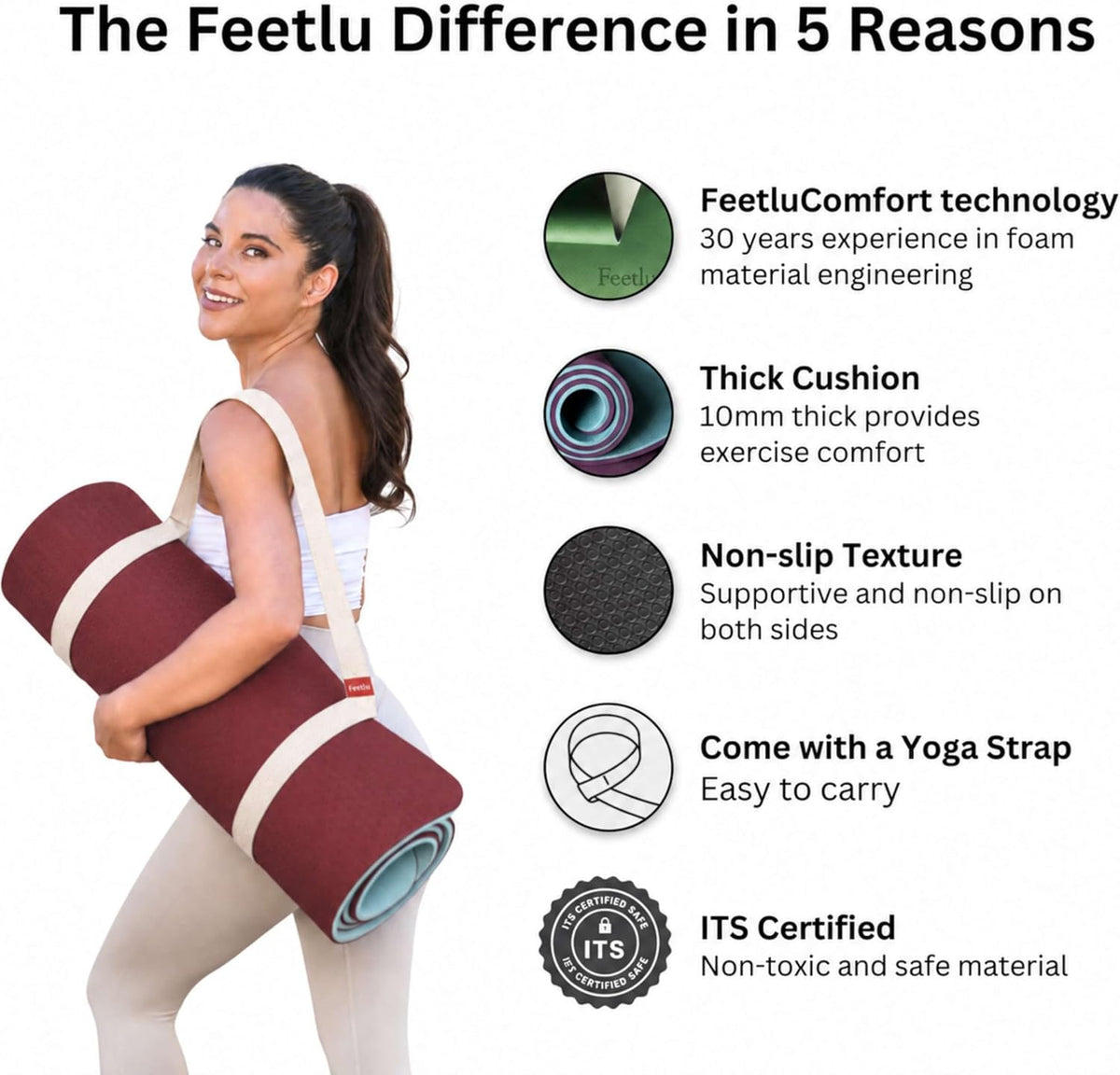 Extra Thick Yoga Mat with Carry Strap, 10mm Non-Slip Exercise Mat, 72 x 24 Inch Cushioned Workout Mat for Yoga, Pilates, Stretching & Floor Exercises