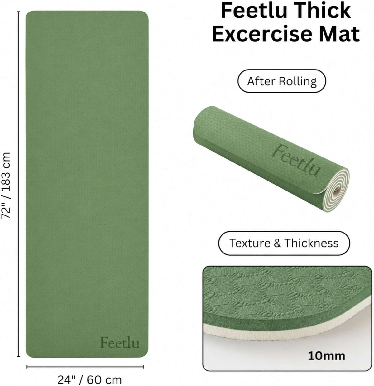 Extra Thick Yoga Mat with Carry Strap, 10mm Non-Slip Exercise Mat, 72 x 24 Inch Cushioned Workout Mat for Yoga, Pilates, Stretching & Floor Exercises