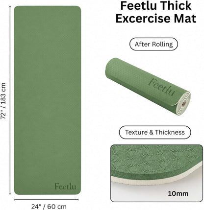 Extra Thick Yoga Mat with Carry Strap, 10mm Non-Slip Exercise Mat, 72 x 24 Inch Cushioned Workout Mat for Yoga, Pilates, Stretching & Floor Exercises