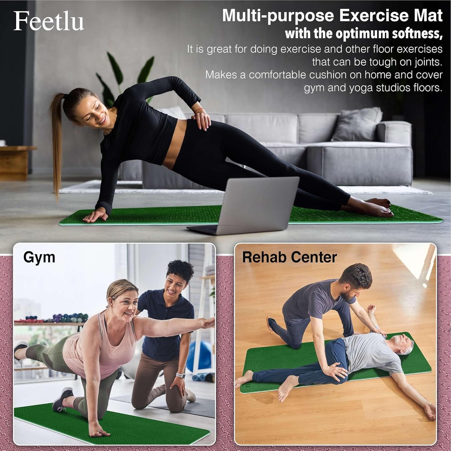 Extra Thick Yoga Mat with Carry Strap, 10mm Non-Slip Exercise Mat, 72 x 24 Inch Cushioned Workout Mat for Yoga, Pilates, Stretching & Floor Exercises