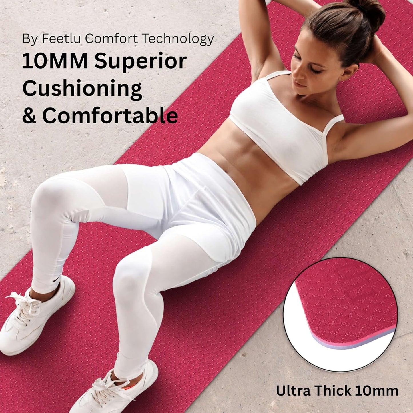 Extra Thick Yoga Mat with Carry Strap, 10mm Non-Slip Exercise Mat, 72 x 24 Inch Cushioned Workout Mat for Yoga, Pilates, Stretching & Floor Exercises