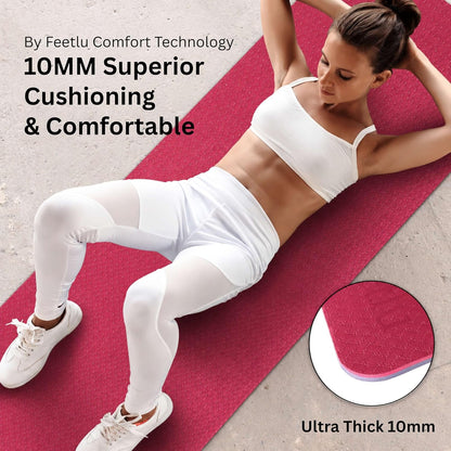 Extra Thick Yoga Mat with Carry Strap, 10mm Non-Slip Exercise Mat, 72 x 24 Inch Cushioned Workout Mat for Yoga, Pilates, Stretching & Floor Exercises