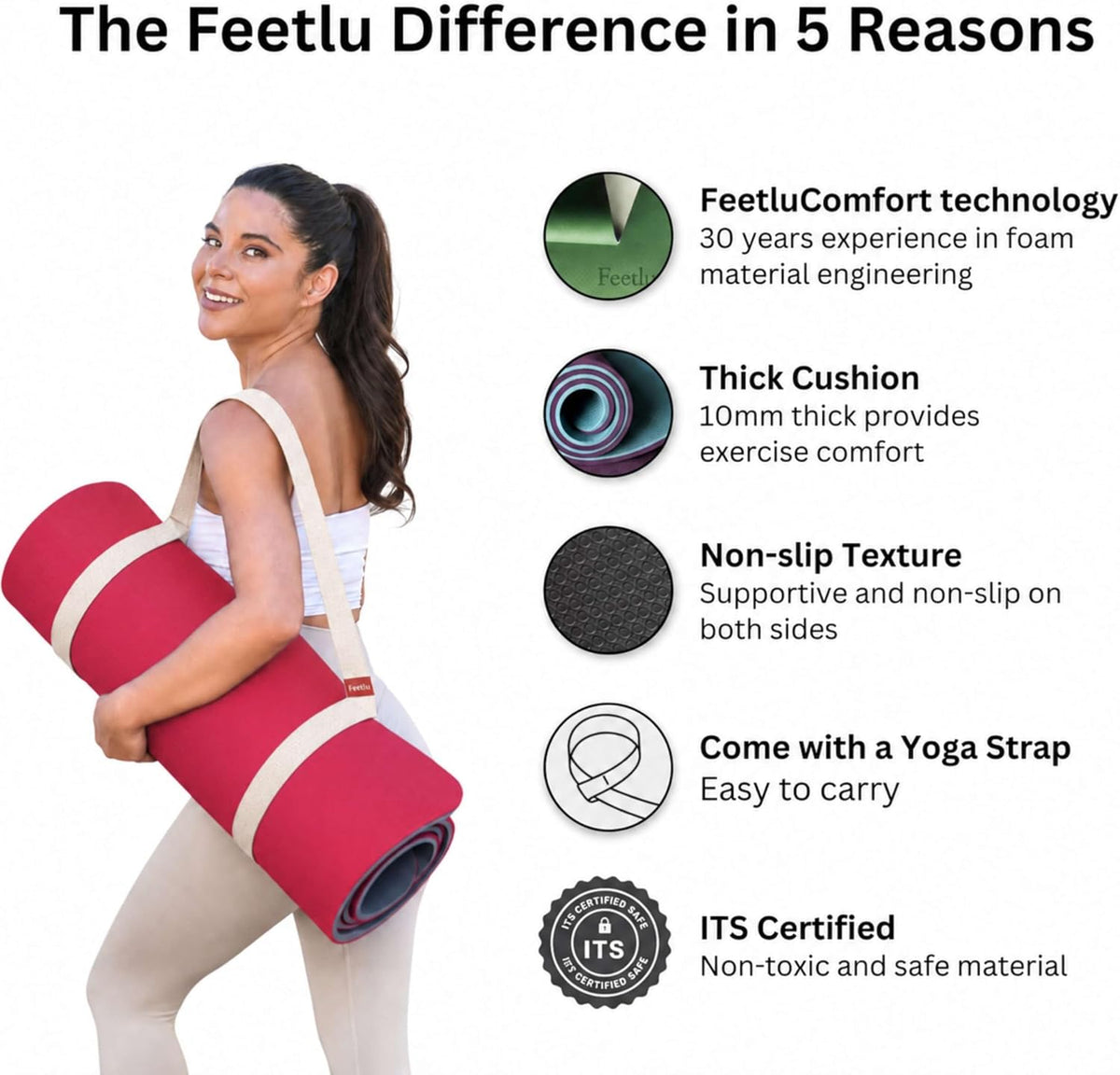 Extra Thick Yoga Mat with Carry Strap, 10mm Non-Slip Exercise Mat, 72 x 24 Inch Cushioned Workout Mat for Yoga, Pilates, Stretching & Floor Exercises