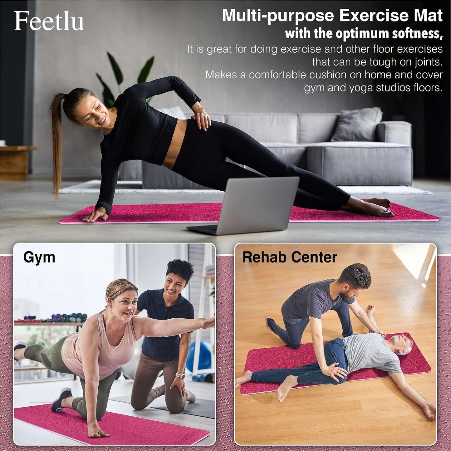 Extra Thick Yoga Mat with Carry Strap, 10mm Non-Slip Exercise Mat, 72 x 24 Inch Cushioned Workout Mat for Yoga, Pilates, Stretching & Floor Exercises