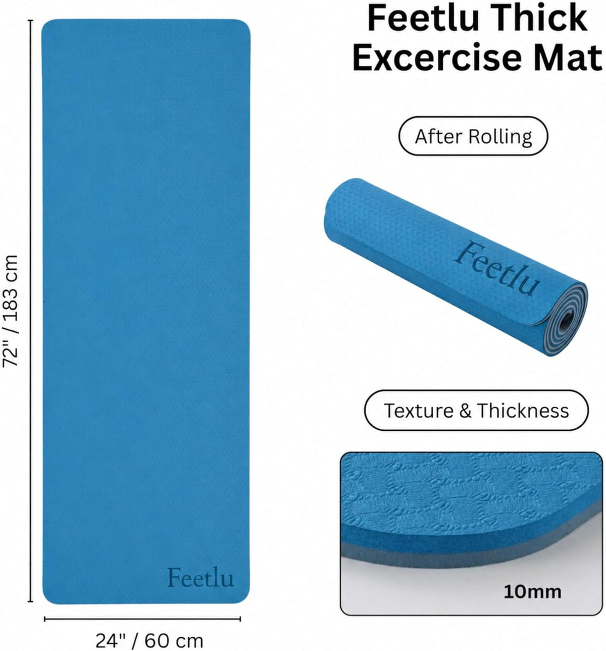 Extra Thick Yoga Mat with Carry Strap, 10mm Non-Slip Exercise Mat, 72 x 24 Inch Cushioned Workout Mat for Yoga, Pilates, Stretching & Floor Exercises