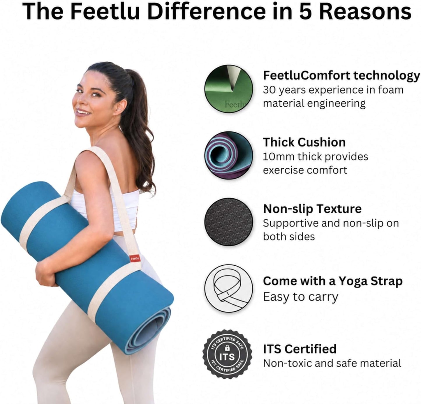 Extra Thick Yoga Mat with Carry Strap, 10mm Non-Slip Exercise Mat, 72 x 24 Inch Cushioned Workout Mat for Yoga, Pilates, Stretching & Floor Exercises