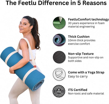 Extra Thick Yoga Mat with Carry Strap, 10mm Non-Slip Exercise Mat, 72 x 24 Inch Cushioned Workout Mat for Yoga, Pilates, Stretching & Floor Exercises