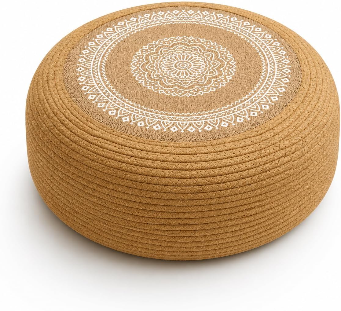 Handwoven Round Jute Cotton Ottoman, Breathable Tatami Floor Cushion, Comfortable Meditation Yoga Seat for Home Patio Garden Decor (Dia: 23.6")