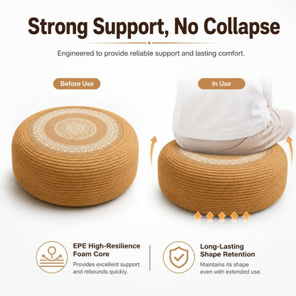 Handwoven Round Jute Cotton Ottoman, Breathable Tatami Floor Cushion, Comfortable Meditation Yoga Seat for Home Patio Garden Decor (Dia: 23.6")