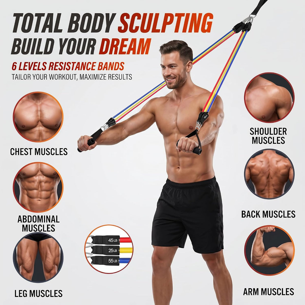 Resistance Bands, Exercise Bands with Handles, Workout Bands for Working Out, Fitness Bands Set for Home Gym Full Body Strength Training, Muscle Tone, Yoga & Stretching