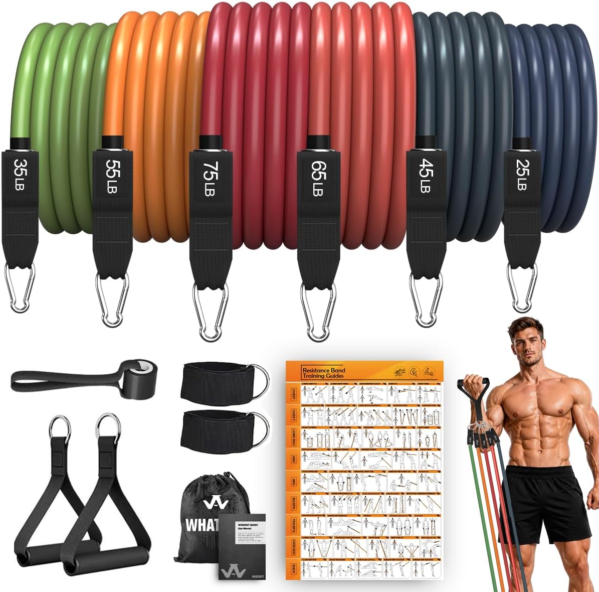 Resistance Bands, Exercise Bands with Handles, Workout Bands for Working Out, Fitness Bands Set for Home Gym Full Body Strength Training, Muscle Tone, Yoga & Stretching